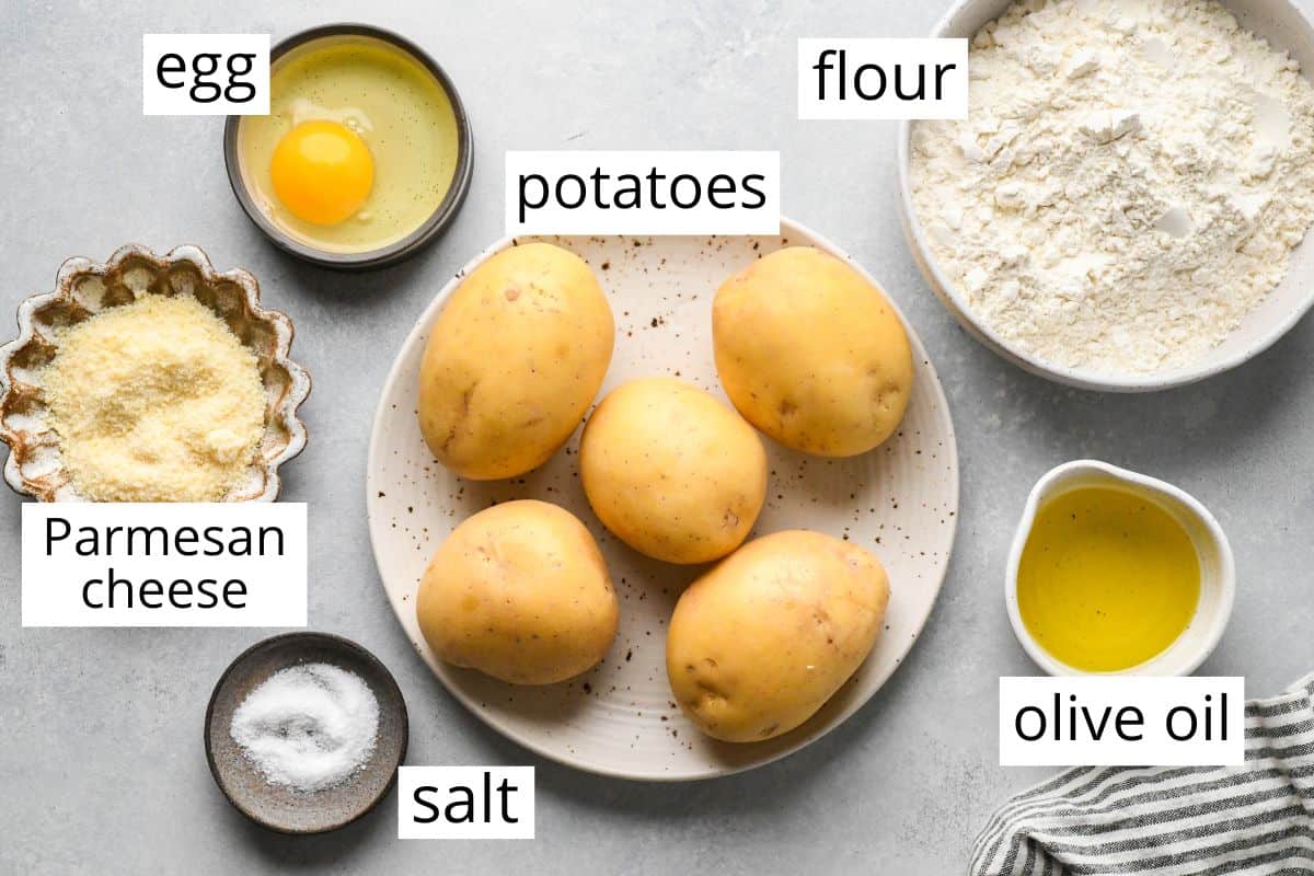 overhead photo of the labeled ingredients in this Potato Gnocchi recipe