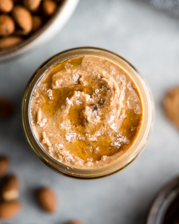 Vanilla Almond Butter in a jar drizzled with honey and sea salt