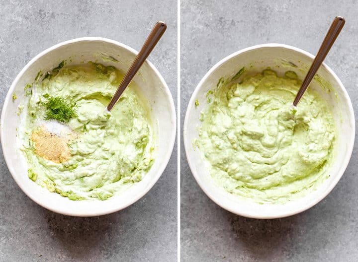 two overhead photos showing how to make avocado chicken salad