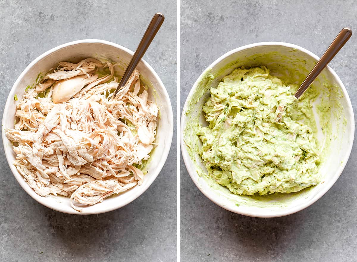 two overhead photos showing how to make avocado chicken salad recipe