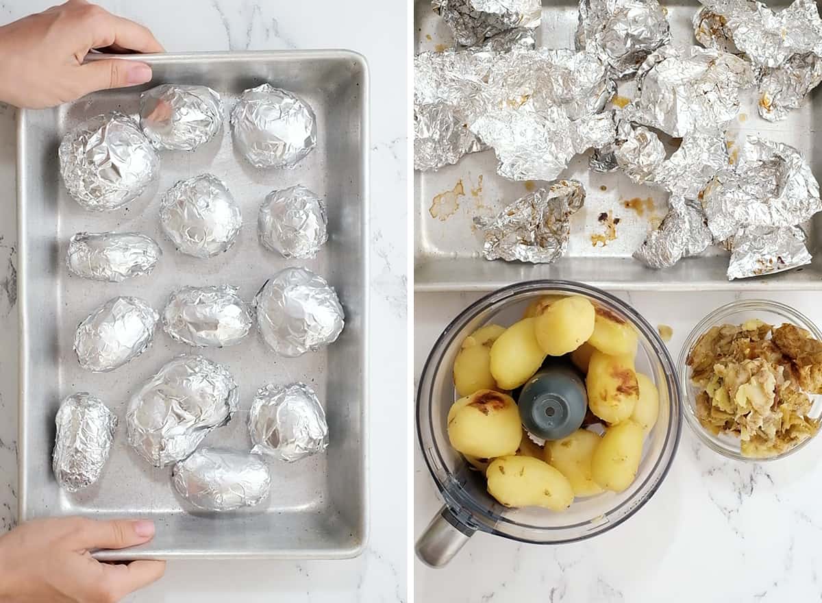 two overhead photos showing how to make gnocchi - baking potatoes 