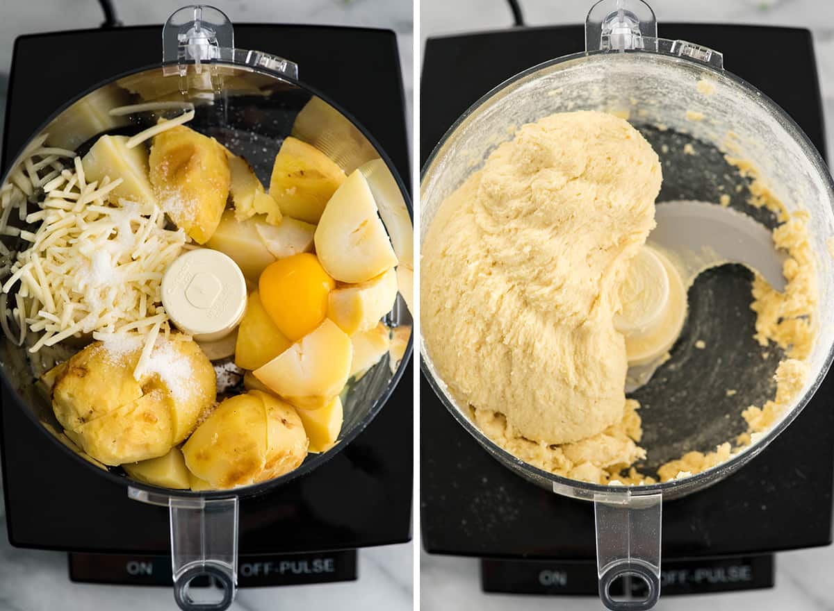 two overhead photos showing how to make gnocchi in a food processor - making the dough