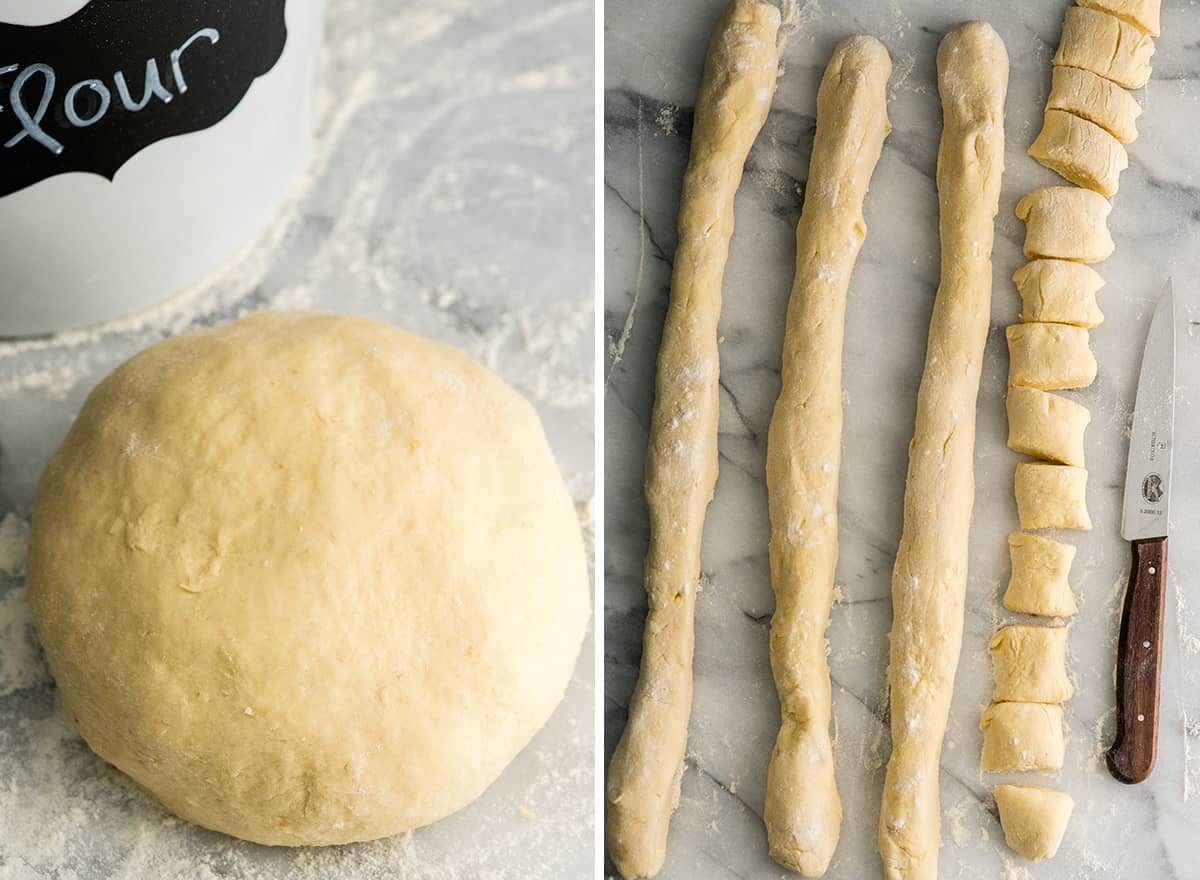 two photos, one showing the dough in a ball, the other shows the gnocchi dough rolled into four ropes and the one on the far right is cut into gnocchi pieces 