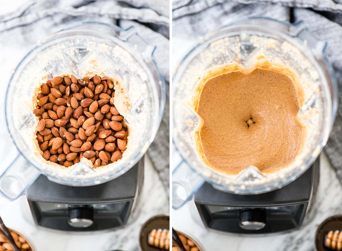 two photos showing how to make vanilla almond butter in the vitamix