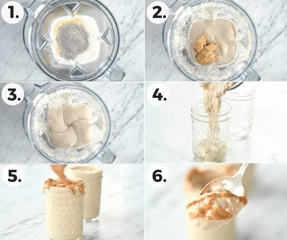 Collage of step-by-step photos in the making of Peanut Butter Chia Overnight Oats