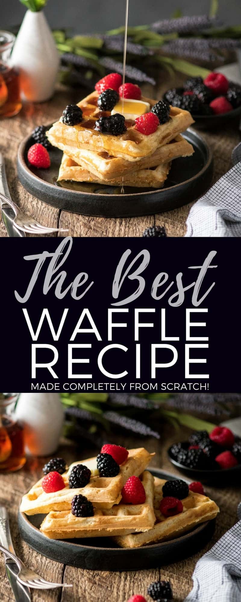 Are you ready for the Best Waffles Recipe EVER?! These golden-brown, crispy, irresistibly fluffy waffles turn out perfectly every single time! They're made completely from scratch, freeze beautifully, and are lightened up by using applesauce in the batter! Plus this recipe makes a HUGE batch, so you will definitely have leftovers to enjoy all week long! #waffles #recipe #fromscratch #freezerfriendly #breakfast