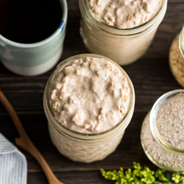 Overhead view of two jars of Peanut Butter Chia Overnight Oats