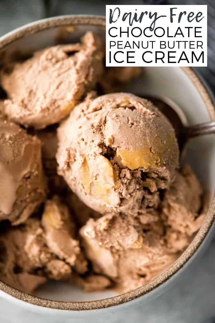 This Dairy-Free Chocolate Peanut Butter Ice Cream is made with 6 good-for-you ingredients and takes 5 minutes of hands-on prep time! It's ultra rich and creamy, and no one would ever guess that it's dairy-free! #vegan #dairyfree #icecream #chocolatepeanutbutter #chocolate #peanutbutter #healthy #recipe #homemade #vitamix @vitamix