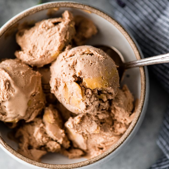 Overhead view of a bowl of Dairy-Free Chocolate Peanut Butter Ice Cream with a spoon in it