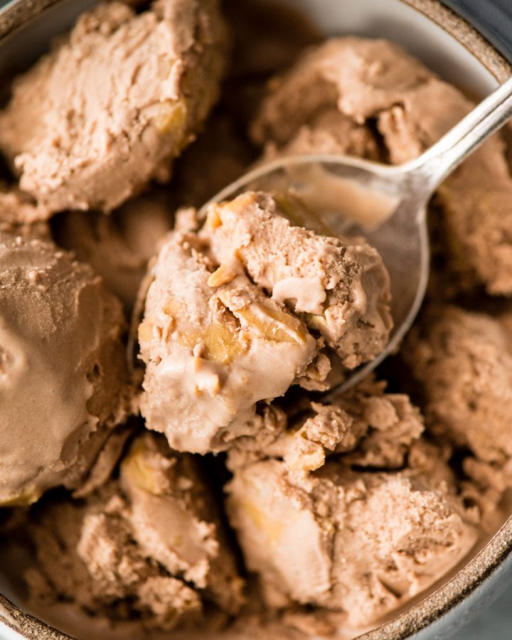 overhead view of a spoon taking a bite of Dairy-Free Chocolate Peanut Butter Ice Cream in a bowl