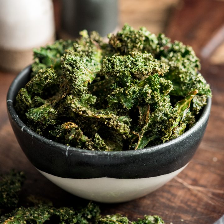 Front view of a bowl of crispy kale chips