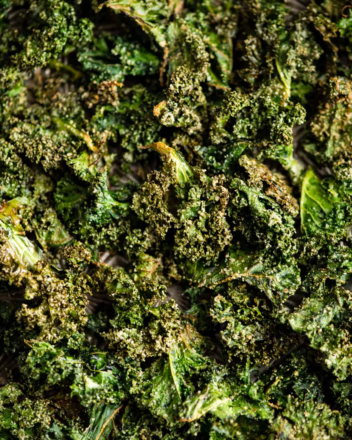 up close overhead view of baked kale chips after baking