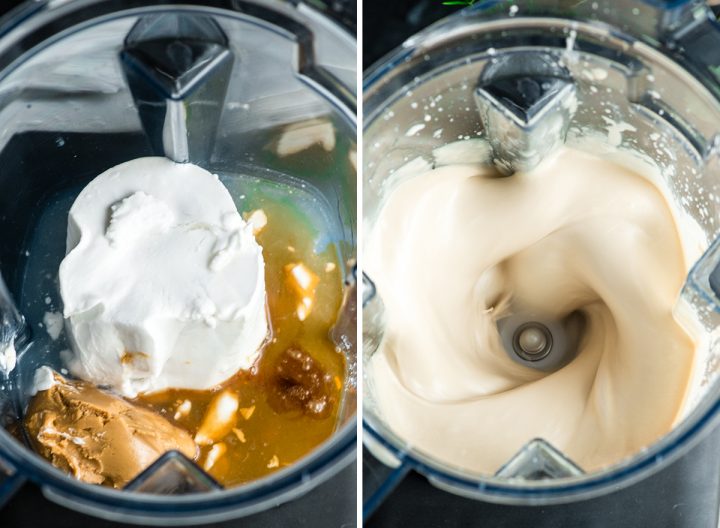 Overhead view of two photos, both overhead views of Paleo Vanilla Ice Cream being made in a vitamix blender. The left is before blending, the right is during blending. 