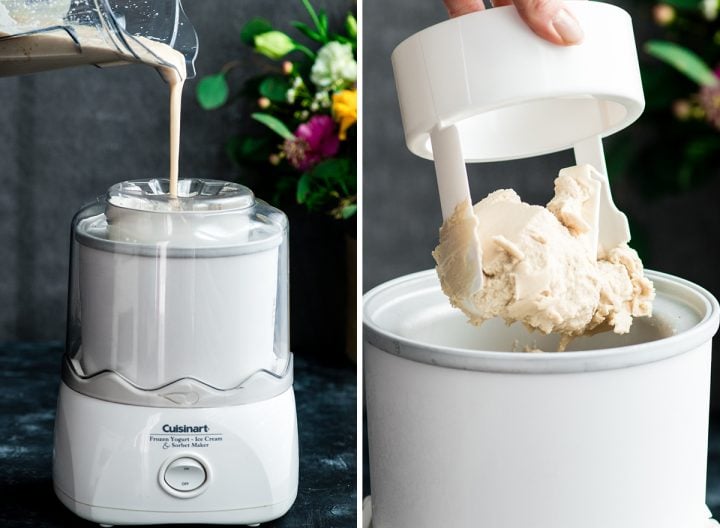 Front view of two photos. The left photo is the Paleo Vanilla Ice Cream mixture being poured from the Vitamix container into a moving ice cream maker. The right photo is of a hand holding the ice cream maker paddle with the frozen Paleo Vanilla Ice Cream on it. 