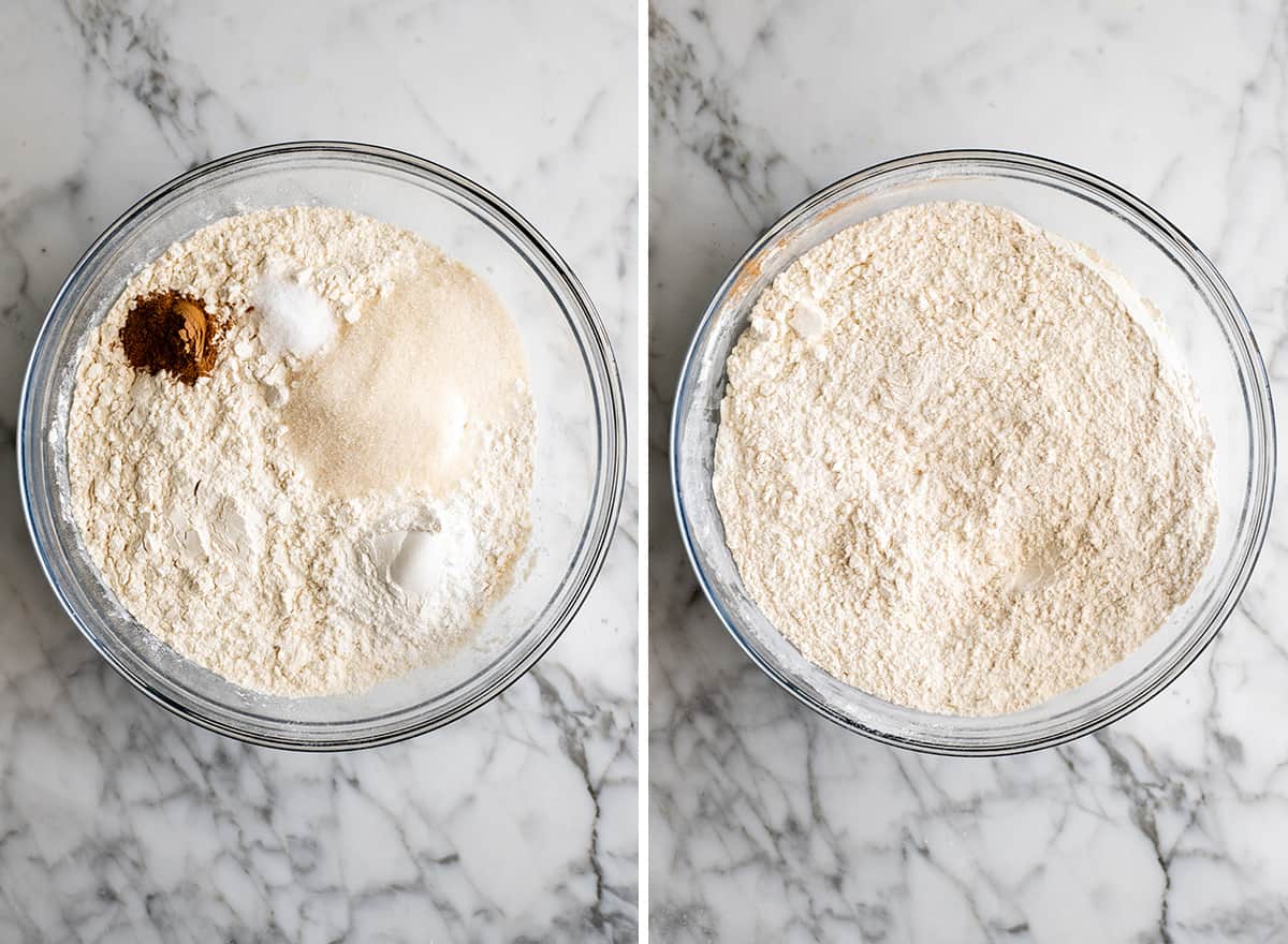 two overhead photos showing How to make Waffles - mixing dry ingredients 