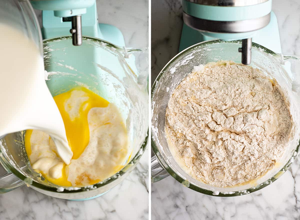 two overhead photos showing How to make Waffles - combining wet ingredients and adding dry ingredients 