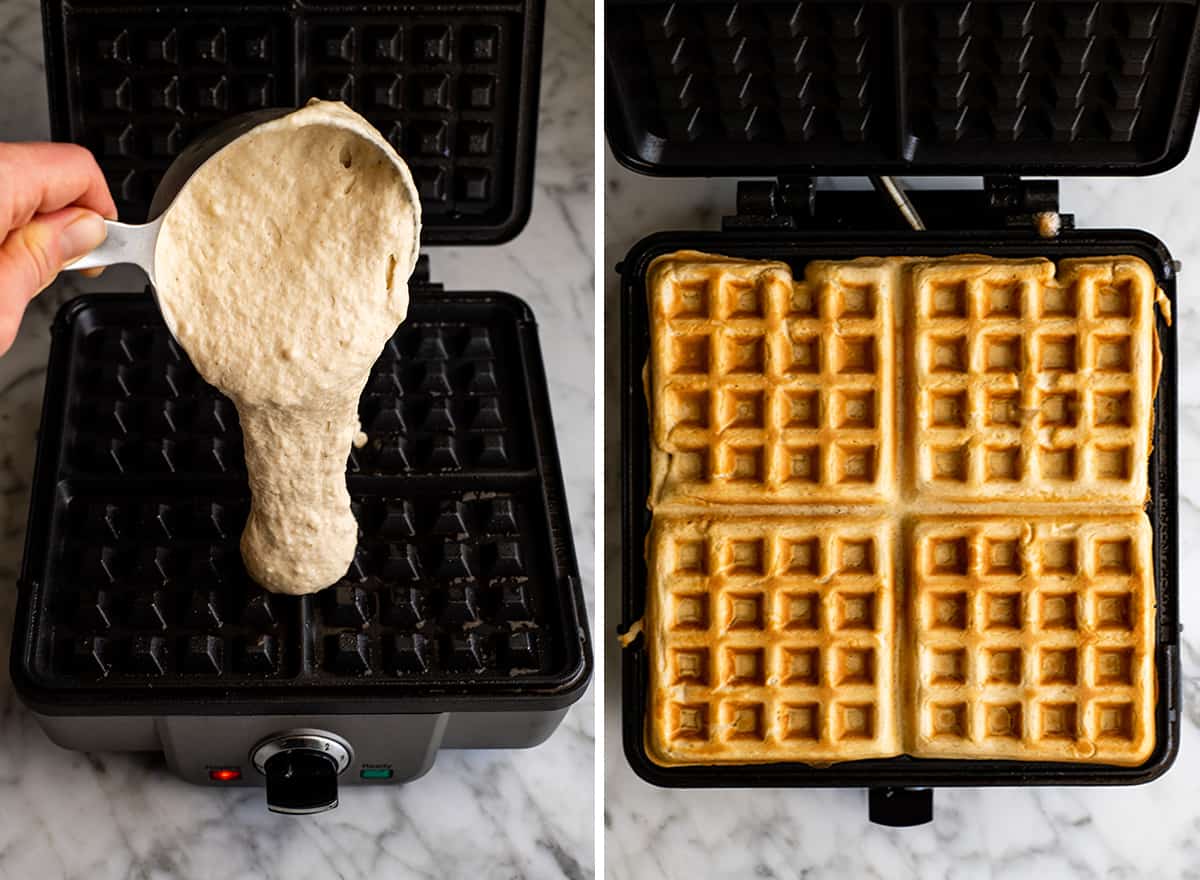 two photos showing How to make Waffles - pouring batter into a waffle maker and the cooked waffles in the waffle maker