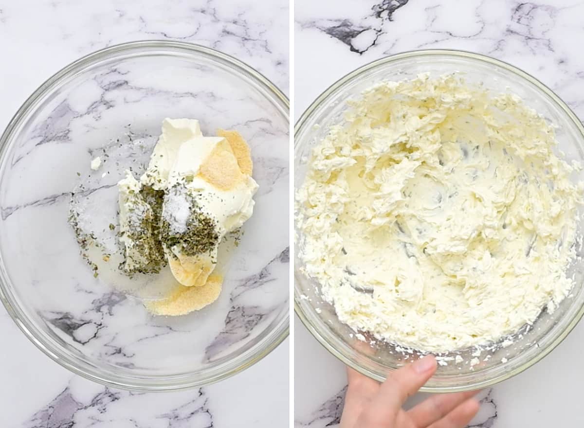 two photos showing how to make the cream cheese layer in this Greek dip recipe