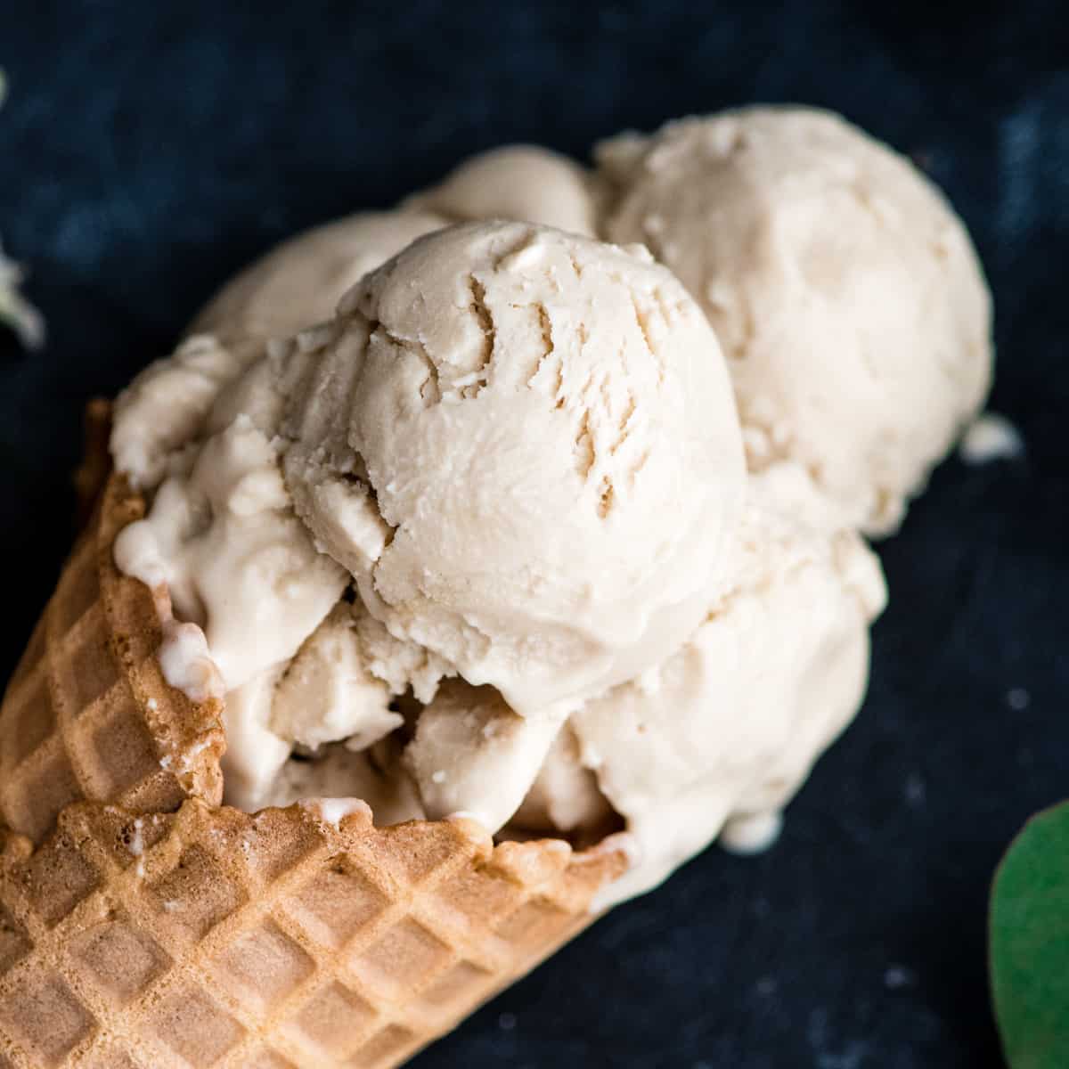 Overhead view of Paleo Vanilla Ice Cream in a waffle cone