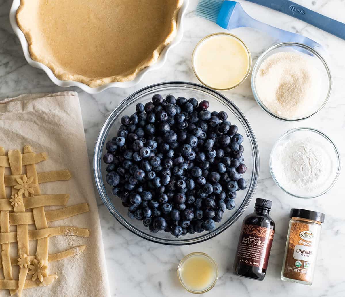 overhead view of the ingredients in this blueberry pie recipe