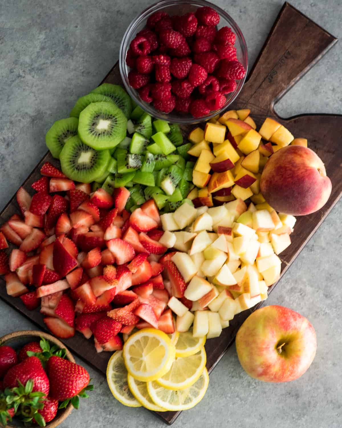 overhead photo of the ingredients (fruit) in this fruit salsa recipe