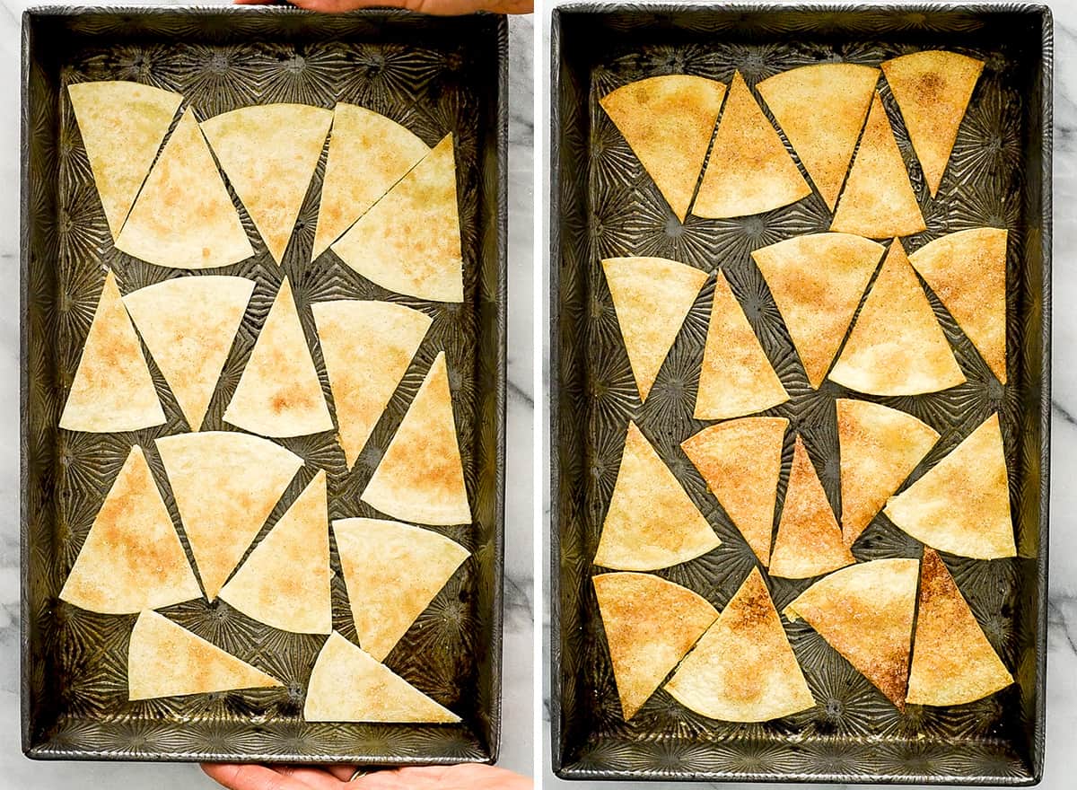 two photos showing How to make cinnamon tortilla chips