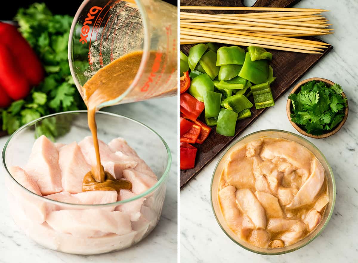 two photos showing how to make chicken satay