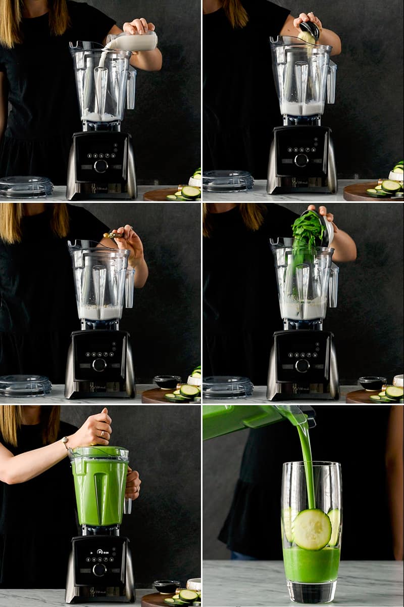 A photo collage of six front view pictures showing how to make this Zucchini Smoothie recipe