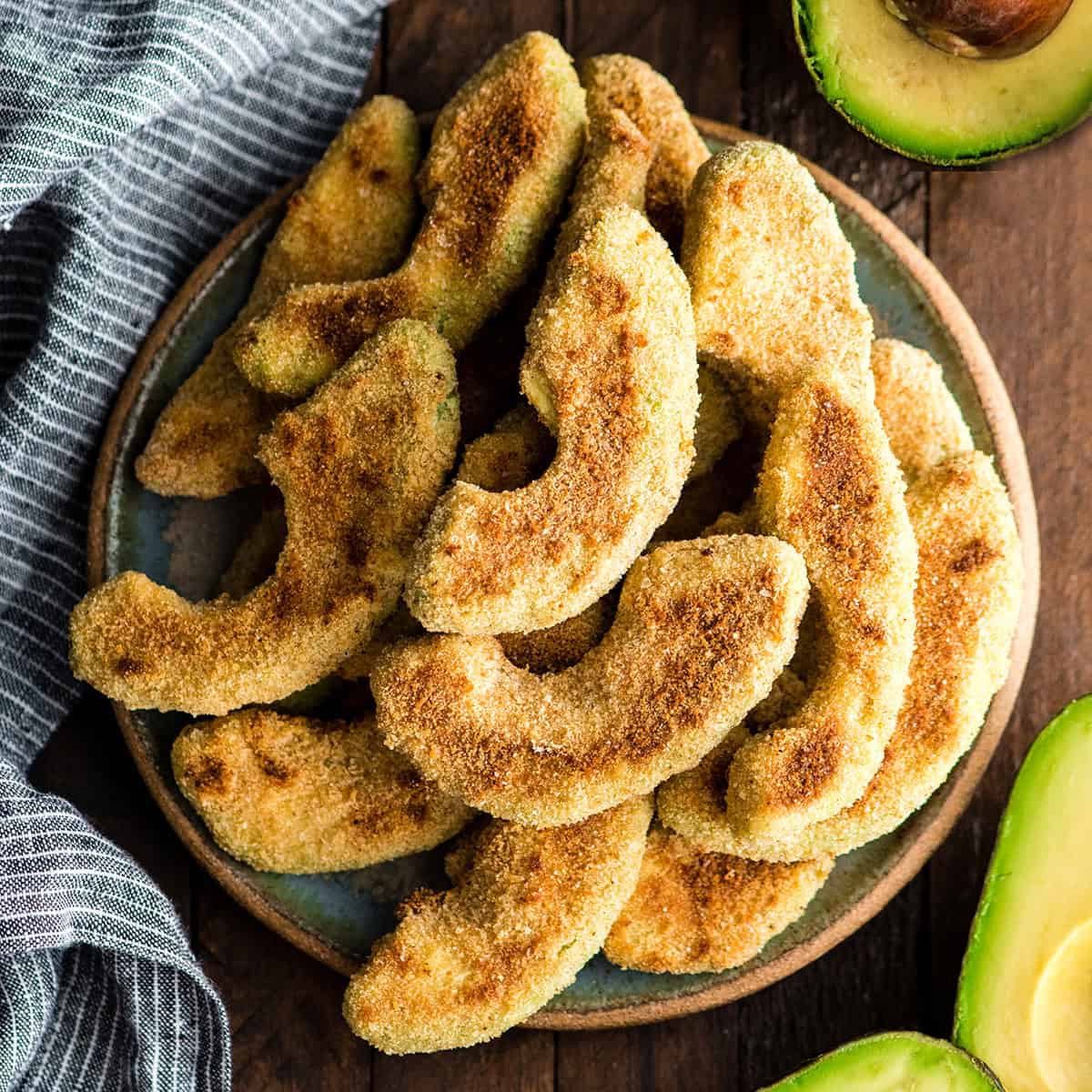overhead photo of avocado fries on a plate
