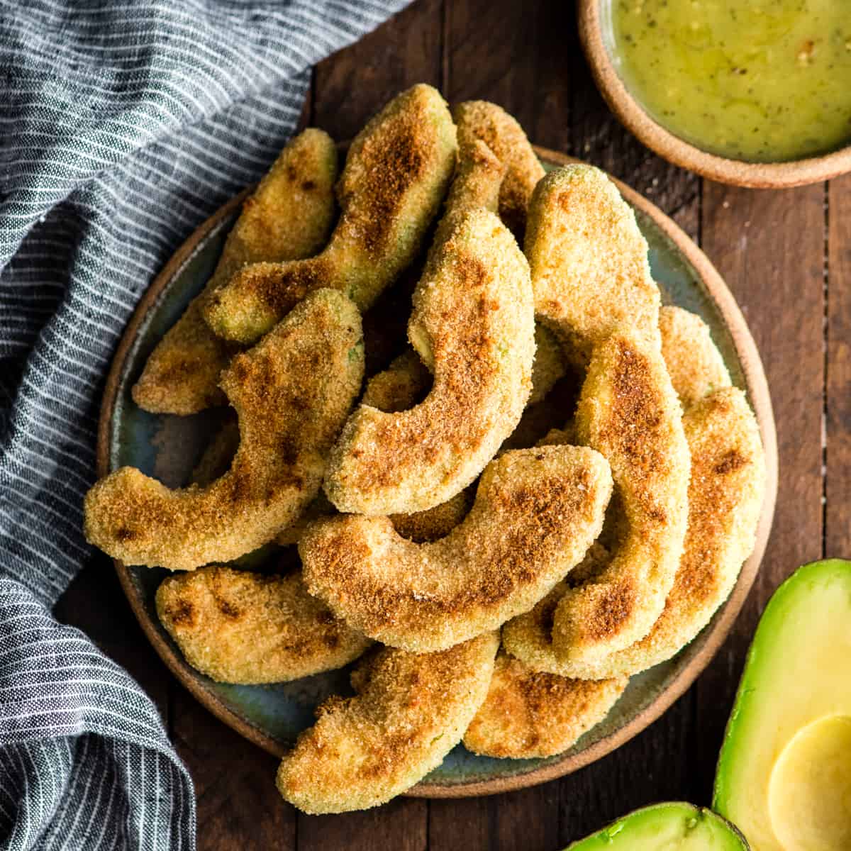 overhead view of a plate of avocado fries