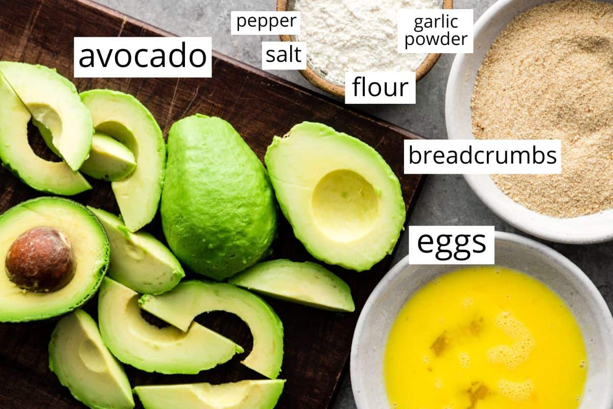 overhead view of the labeled ingredients in this Baked Avocado Fries recipe