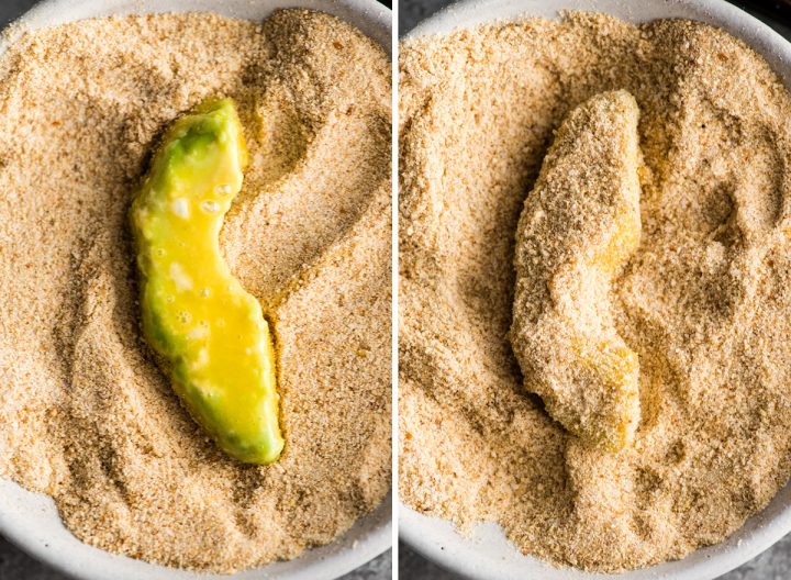 two overhead photos showing How to Make Avocado Fries - coating in breadcrumbs