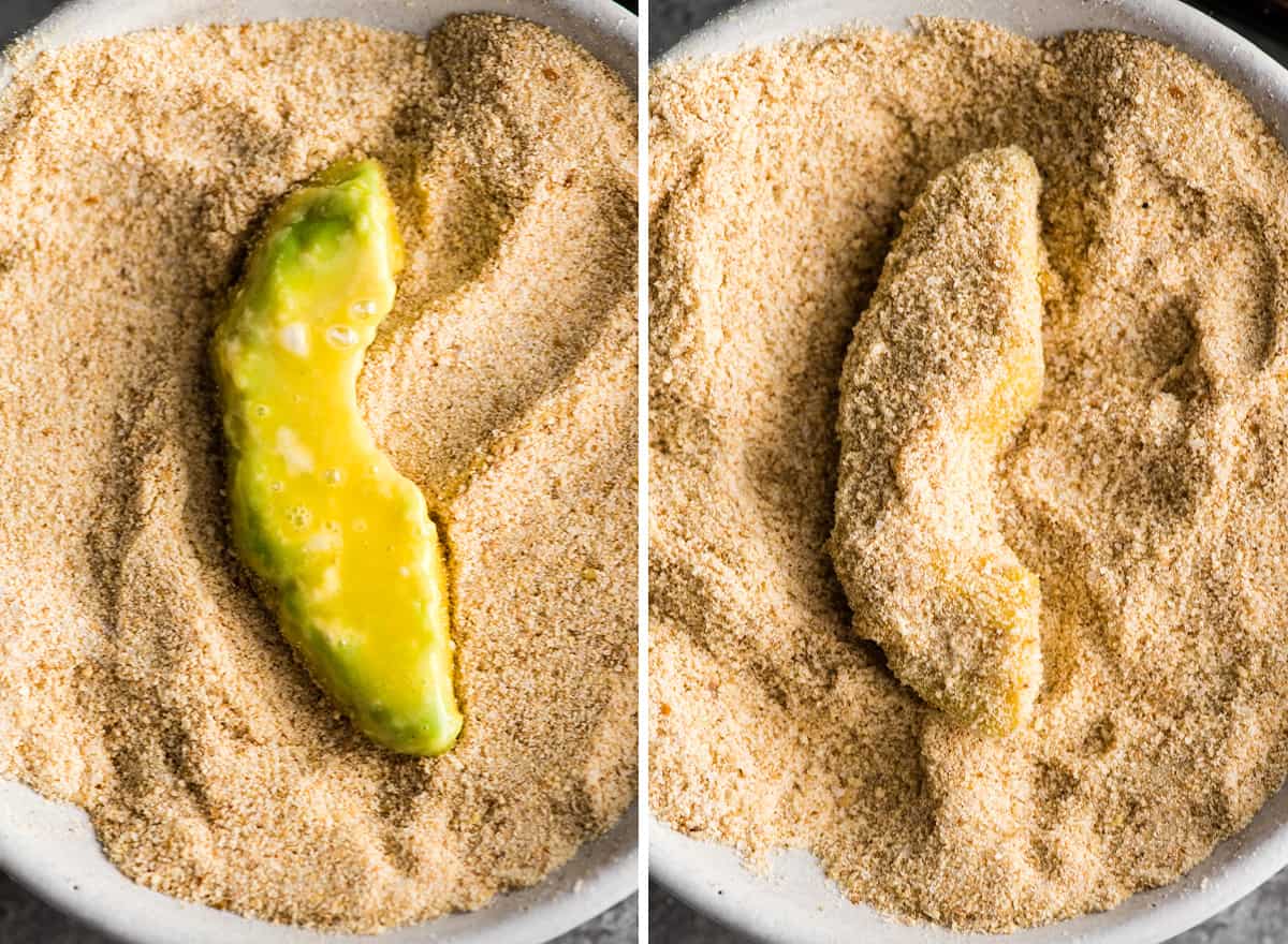two overhead photos showing How to Make Avocado Fries - coating in breadcrumbs