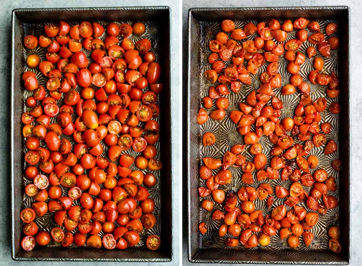 two overhead photos of a baking metal baking pan. The left shows tomatoes before roasting, the right shows the tomatoes after they have been roasted