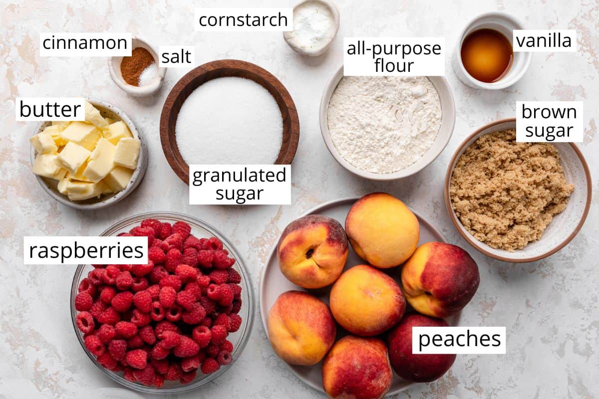overhead photo of the ingredients in this raspberry peach crisp recipe