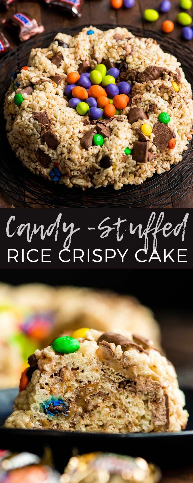 This Candy-Stuffed Rice Crispy Cake is an easy dessert recipe that is perfect for entertaining! It's made with 5 ingredients and comes together in 10 minutes! A great recipe to use up all your leftover Halloween candy! #sponsored #halloween #bundtcake #ricecrispycake #ricecrispytreats #dessert #halloweencandy #walmart @walmart