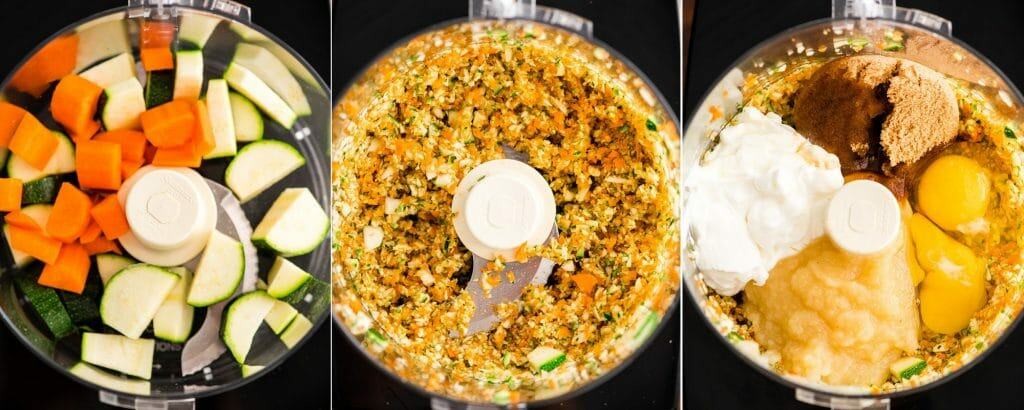 collage of three photos showing an overhead view of a food processor during the first three steps in making Carrot Zucchini Muffins