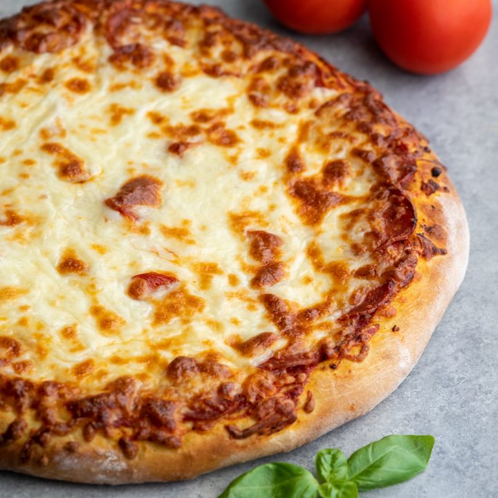 front view of a baked pizza using Homemade Pizza Dough