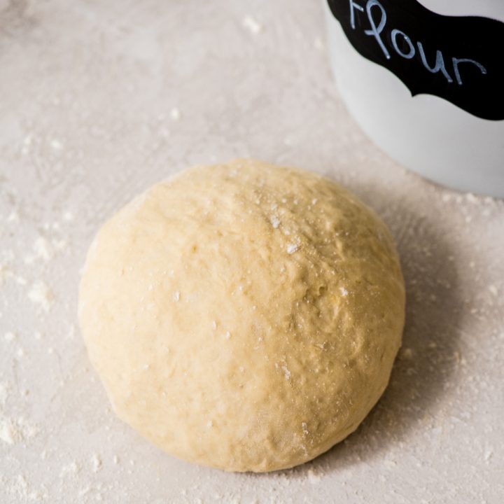 overhead view of a ball of Easy Homemade Pizza Dough recipe