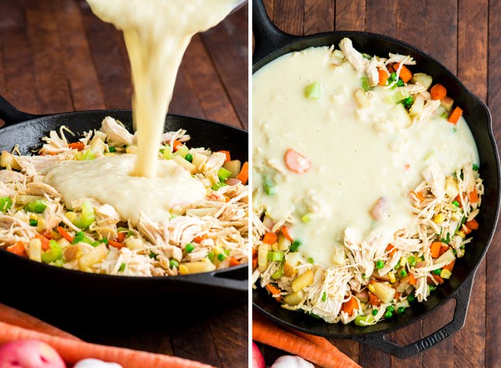 collage of two photos showing the sauce being added to the filling making this Healthy Chicken Pot Pie recipe