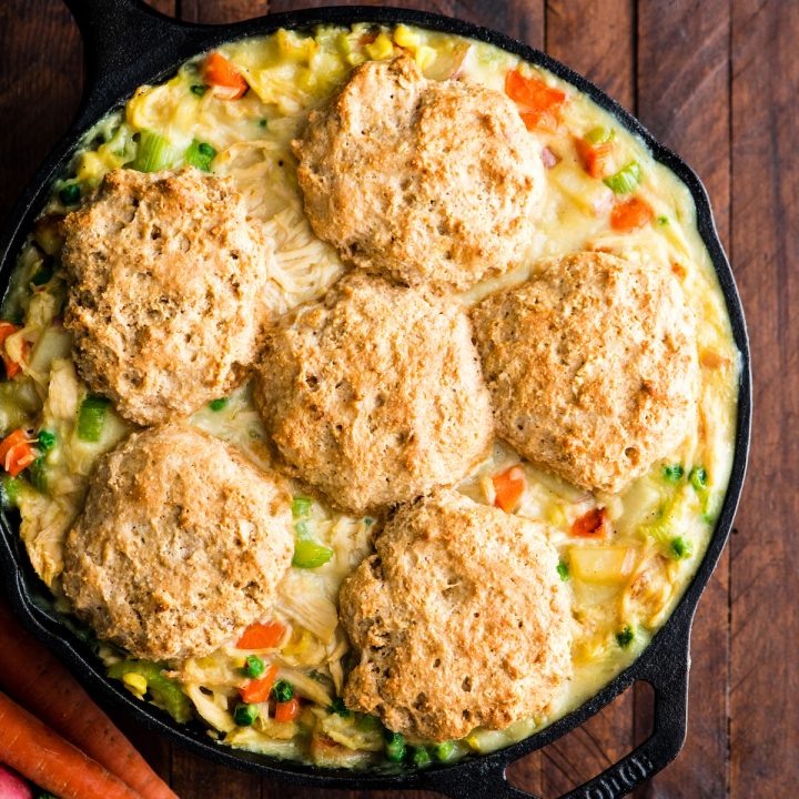 photo of a healthy chicken pot pie in a cast iron skillet