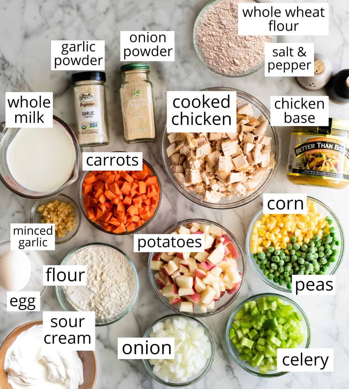 overhead view of all the labeled ingredients in this healthy chicken pot pie recipe