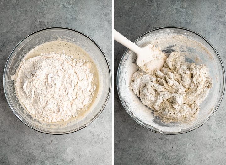 two overhead photos showing How to Make Pizza Dough - mixing the dough