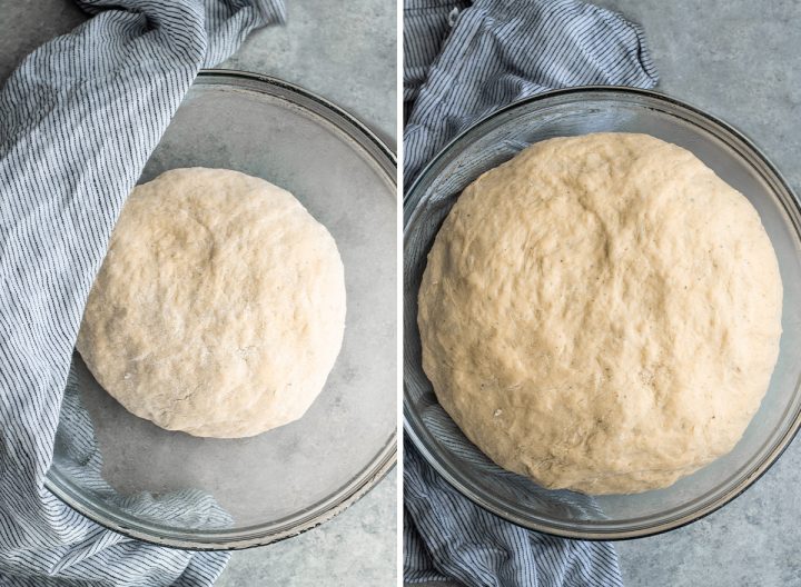 two overhead photos showing How to Make Pizza Dough - dough before and after rising in a bowl