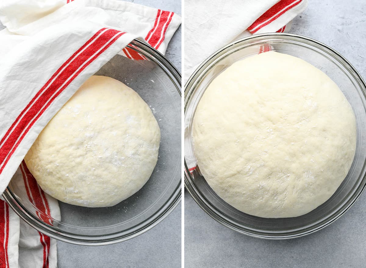 two photos showing pizza dough before and after rising in a glass bowl