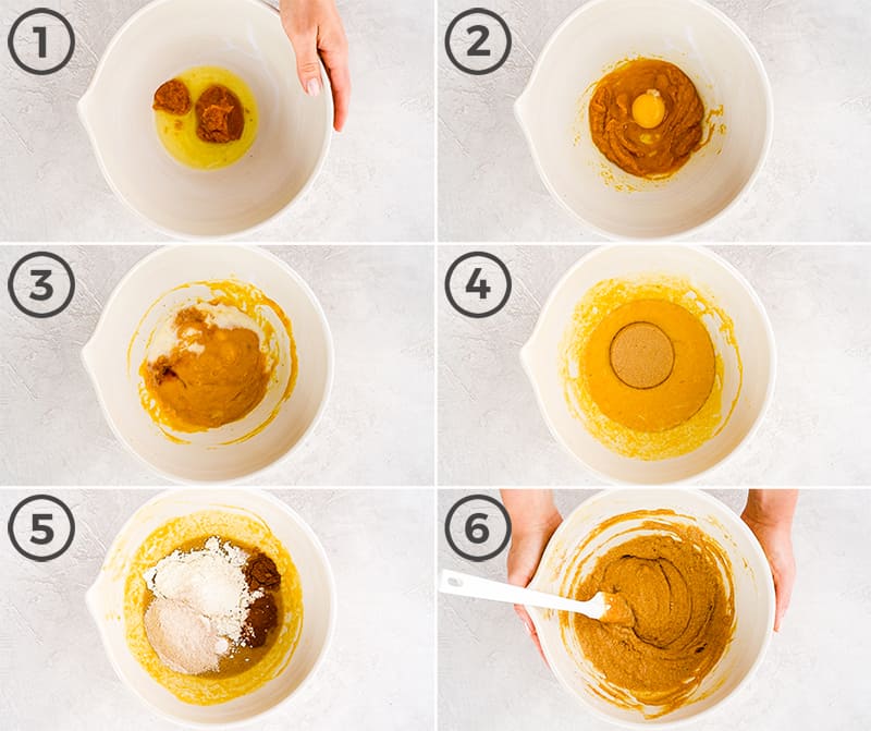 collage of six photos with overhead views showing the steps in making the batter of this Baked Pumpkin Donuts recipe