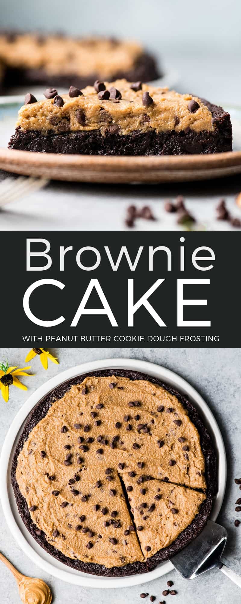 This Easy Fudge Brownie Cake Recipe with Peanut Butter Cookie Dough Frosting is basically the dessert of your dreams. A fudgy brownie cake is topped with a delicious peanut butter frosting that tastes like cookie dough. Plus it is gluten-free and easily made dairy-free! #browniecake #peanutbutterfrosting #recipe #dessert