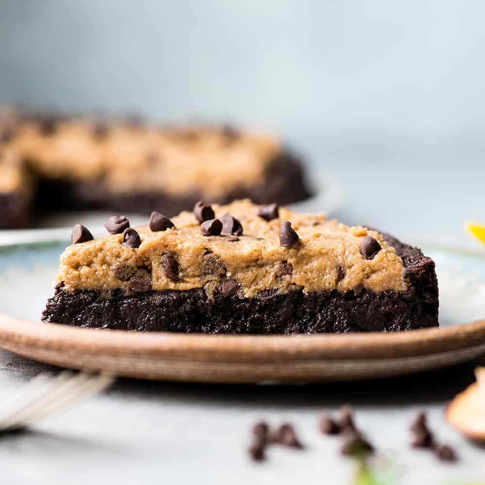 side view of a slice of Fudge Brownie Cake on a plate