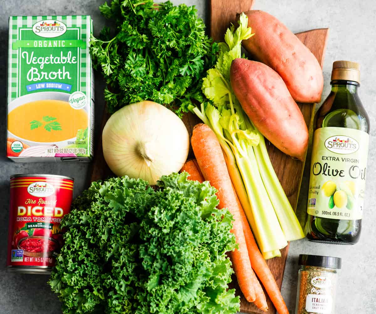 Overhead view of the ingredients in this Sausage Kale Soup Recipe