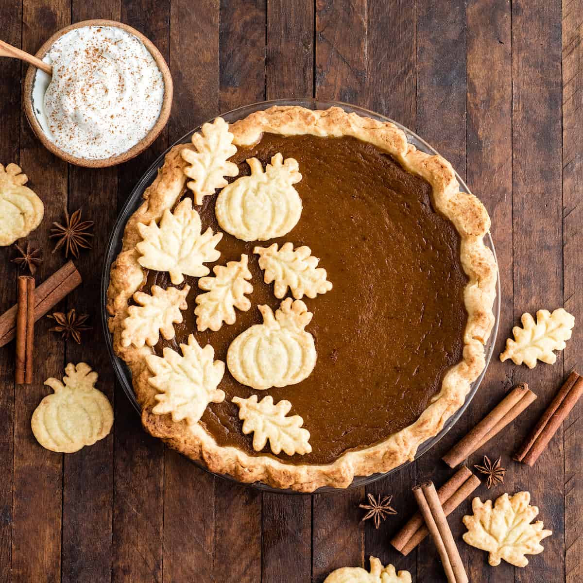 overhead view of dairy-free pumpkin pie in a pie dish after baking